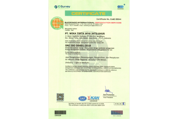 Sistem Penyediaan Air Minum (SPAM) Regional Jatiluhur I, resmi memperoleh Sertifikasi Sistem Manajemen Energi ISO 50001.